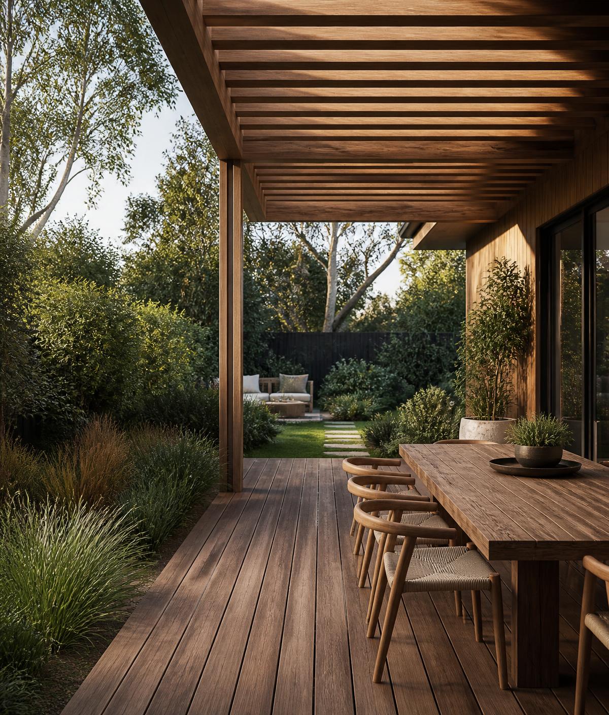 Timber deck with slatted pergola and native planting