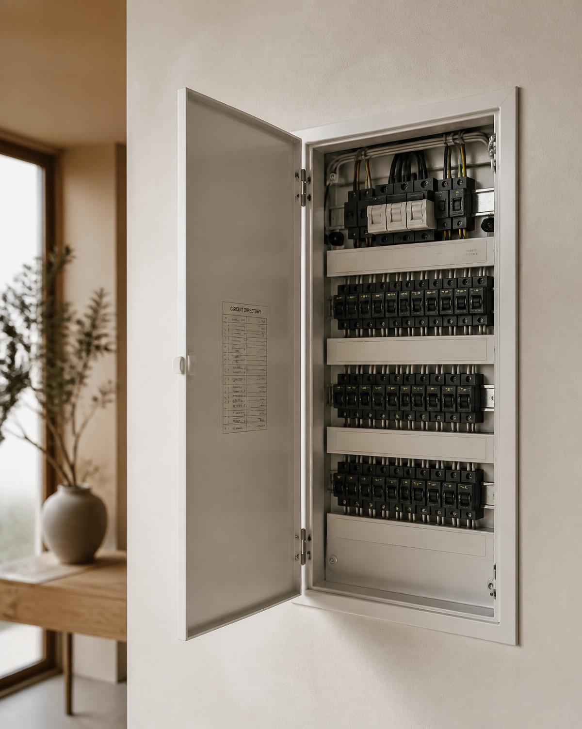 Tidy residential switchboard with labelled circuit breakers on a warm plaster wall