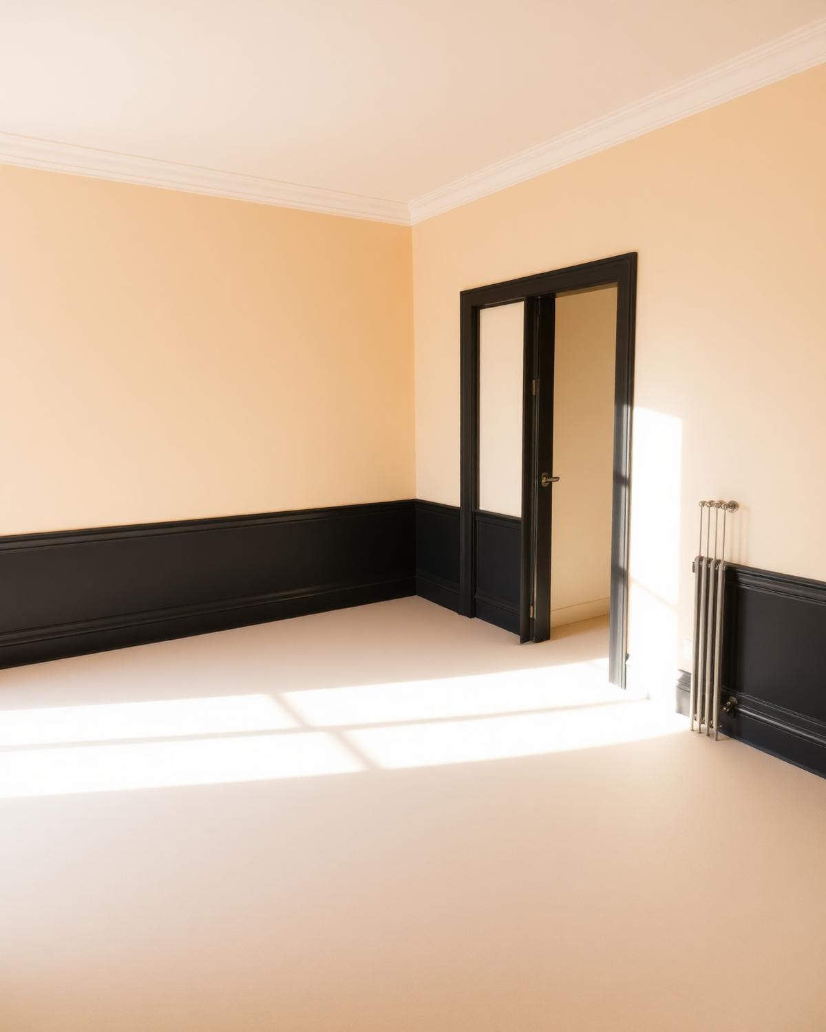 Freshly painted off-white wall with deep charcoal trim