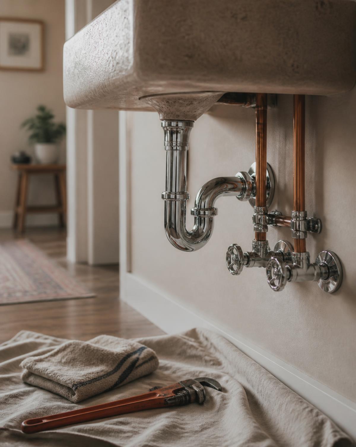 Neat chrome and copper pipework beneath a stone basin with a wrench on a drop sheet