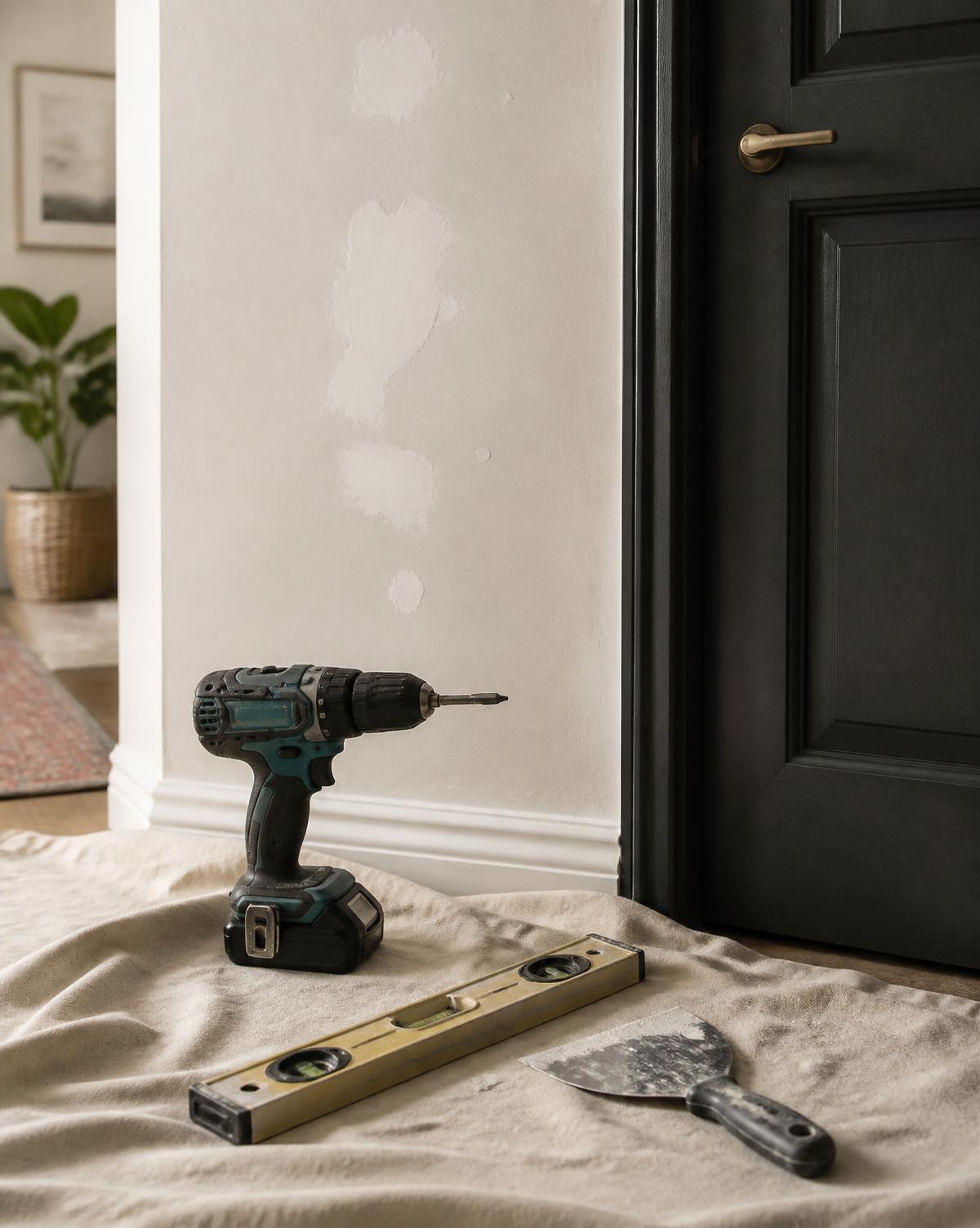 Cordless drill, level and filler knife laid out beside a patched wall and charcoal door