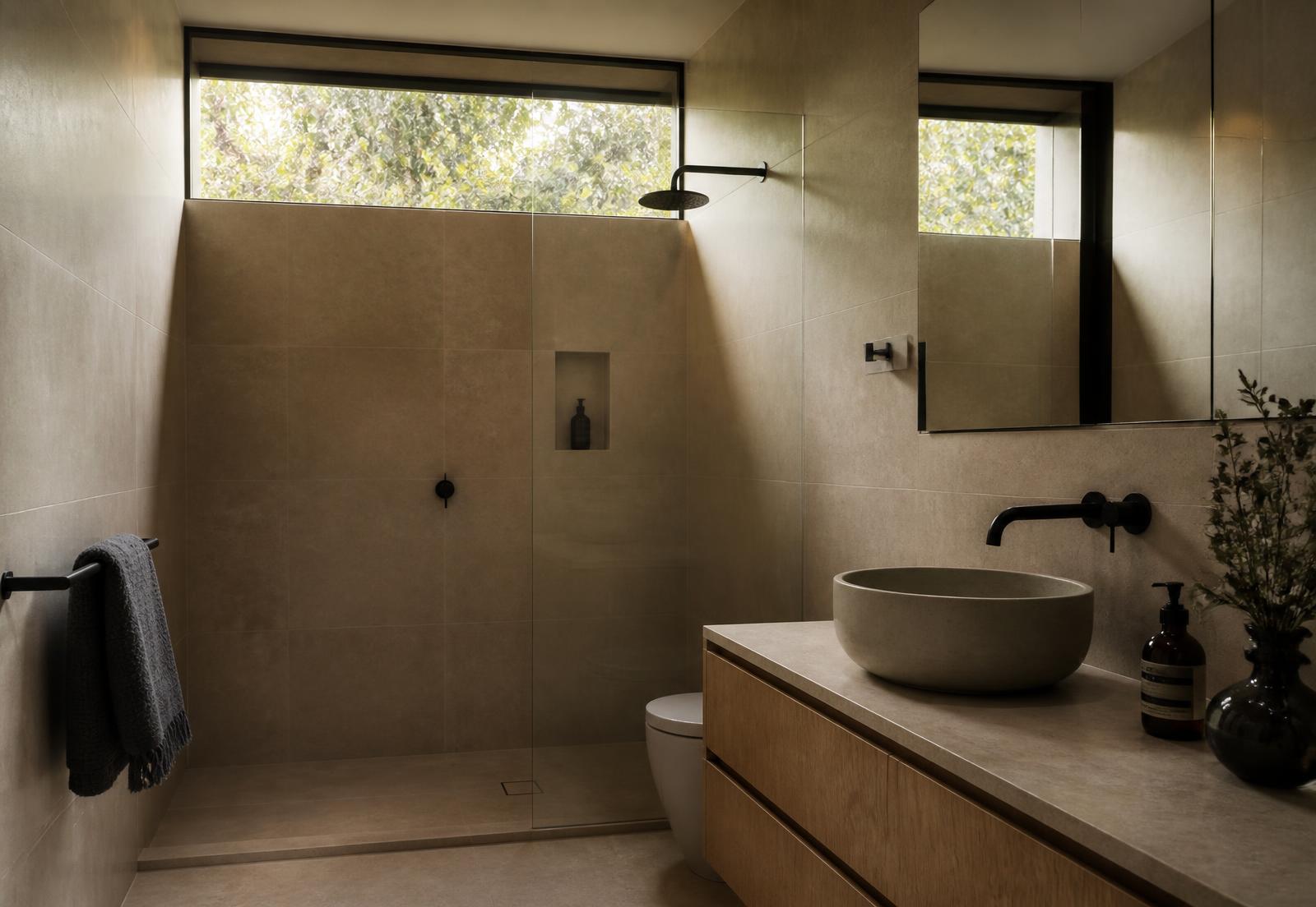 Renovated bathroom with limestone tiles, oak vanity and matte black tapware
