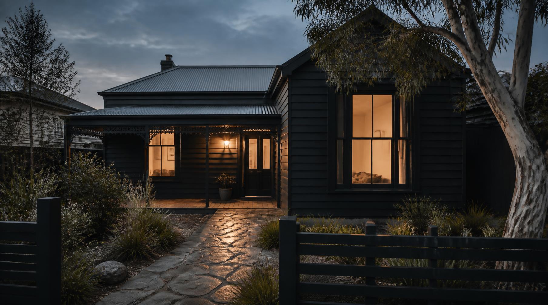 Melbourne weatherboard home painted deep charcoal at dusk with warm interior lights